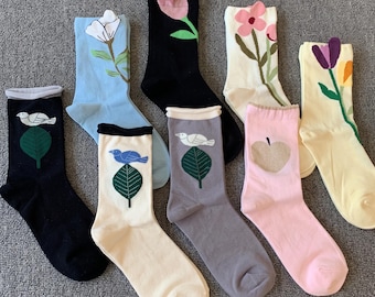 Minimalist Floral & Leaf Crew Socks | Cottagecore Botanical Cotton Socks | Forest Girl Leaf Embroidery Socks | Nature Lover Gift for Her