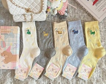 Dog Embroidered Cotton Crew Socks | Japanese Korean Style, 5-Pack