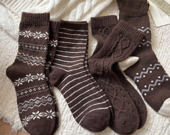Thick Wool Blend Winter Socks | Chocolate Brown Cozy Cabin Socks | Fair Isle & Cable Knit Boot Socks | Warm Thermal Lounge Socks