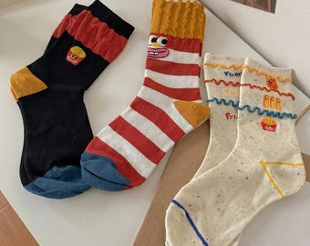 Funky Cartoon Food  Socks | Korean Kawaii French Fries Monster Socks | Quirky Wavy Striped Socks | Cute Novelty Cotton Socks | Gift for Her