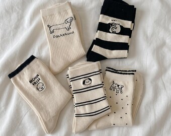 Cute Dog Socks | Korean Style Cartoon Animal Socks | Dachshund Bichon Frise Minimalist Socks | Striped Kawaii Socks | Dog Lover Gift