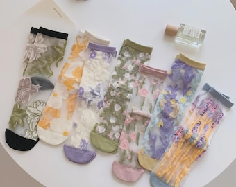 Sheer Floral Socks | Embroidered Glass Silk Crew Socks | Transparent Mesh Summer Socks | Fairycore Crystal Slouch Socks | Gift for Women