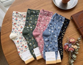 5 pares de calcetines de algodón con estampado floral retro / Calcetines de media pantorrilla estilo campestre vintage