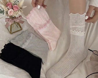 French Style Lace Trim Socks, Ballet Core Cotton Blend, Lightweight Summer Footwear