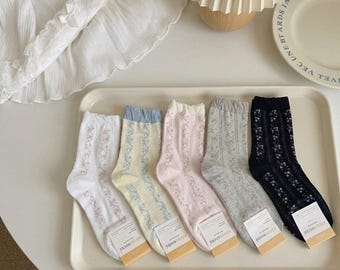 French Floral Pattern Socks | Combed Cotton Mid-Calf Set (5 Pairs)