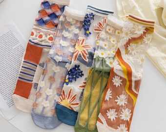 Sheer Floral Glass Silk Socks | Cotton Bottom Transparent Mesh  Socks |  Ruffle Edge Summer Socks | Fairycore Aesthetic Gift