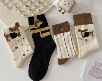 Meias cano médio com estampa de Dachshund | Cachorro bordado, estampa de cachorro-quente, listradas, de bolinhas, em algodão