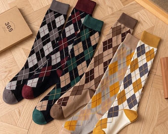 Classic Argyle Crew Socks | Vintage Plaid Pattern Knee High Socks | British Preppy Style Cotton Socks | Academia Aesthetic Gift for Women