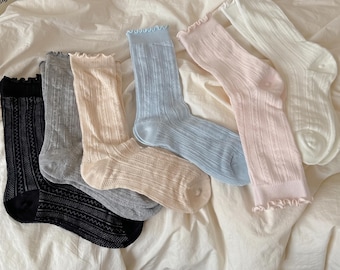 Pointelle Ruffle Socks | Summer Thin Mesh Slouch Socks | Lettuce Edge Crew Socks | Coquette Balletcore Aesthetic | Breathable Pastel Socks