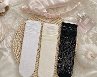 Elegant Lace Mid-Calf Stockings | Combed Cotton, Floral Jacquard, Ruffled Hem