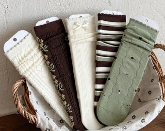 Vintage Bow  Socks | Cottagecore Floral Embroidered Socks | Mori Kei Green & Brown Knit Socks |  Aesthetic Slouch Socks | Gift for Her