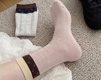 Color-Blocked Cotton Mid-Calf Socks | Geometric Pattern Ribbed Footwear