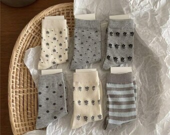 Japanese Korean Style Cotton Crew Socks Set | Floral, Stars, Stripes, Polka Dot Ribbed
