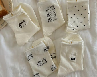 Cute Puppy  Socks |  Kawaii Rolled Cuff Socks | Minimalist White Dog Cotton Socks | Cozy Fall Winter Socks | Dog Lover Gift