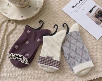 Cotton Blend Mid-Calf Socks | Floral, Diamond, Polka Dot, Ribbed Patterns