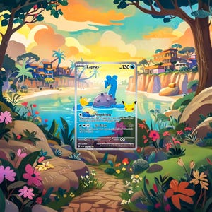 Pode incluir: Uma carta colecionável Lapras com uma criatura azul na água junto a Psyduck e Pikachu, com 130 HP, ataques Ferry Across e Ice Beam, sobre uma paisagem tropical ilustrada e vibrante com flores, árvores e edifícios.
