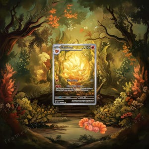 Może przedstawiać: Karta kolekcjonerska Ninetales z ilustracją złotego lisa o dziewięciu ogonach, 120 HP i symbolami typu ognistego. Karta przedstawia ataki Will-O-Wisp i Nine-Tailed Dance oraz małe pomarańczowe stworzenie u dołu obrazka.