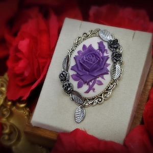 Rose Cameo Brooch - Purple on White