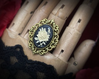 Rose Cameo Ring - Elfenben på svart - Guld - Viktoriansk stil, Gotisk, Romantisk gåva, Antik stil