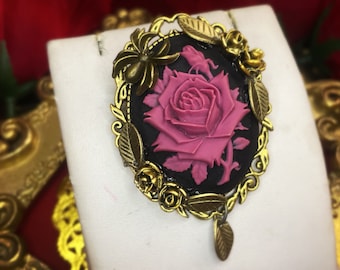 Rose Cameo Brooch - Magenta on Black - Victorian Style, Gothic, Romantic Gift