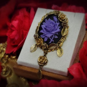 Rose Cameo Brooch II - Purple on Black