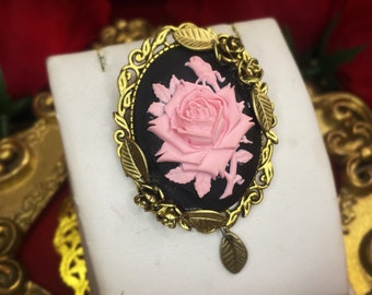 Rose Cameo Brooch - Pink on Black - Victorian Style, Gothic, Romantic Gift