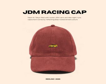Embroidered JDM Sports Car Hat - Vintage Retro Car Cap - Classic Car Gift - Minimalist Corduroy Hat - REDLINE