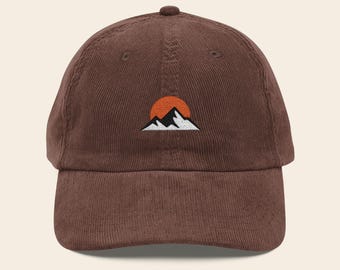 Mountain Sunset Embroidered Hat - Corduroy Cap - Vintage Road trip Hat - Redline