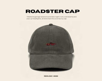 Embroidered Roadster Hat - Vintage Retro Car Cap - Classic Car Gift - Minimalist Corduroy Hat - REDLINE