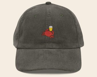 Embroidered Crab Beer Hat - Vintage Retro Nature Cap - Classic Gift - Minimalist Corduroy Hat - REDLINE