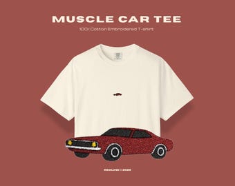 Embroidered Muscle Car T-Shirt - Vintage Retro Car Tee - Classic Car Gift - Minimalist Car Shirt - Icon Only - REDLINE