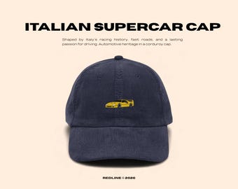 Embroidered Italian Supercar Hat - Vintage Retro Car Cap - Classic Car Gift - Minimalist Corduroy Hat - REDLINE