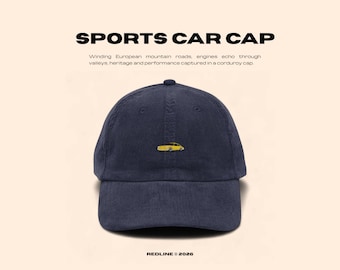 Embroidered Sports Car Hat - Vintage Retro Car Cap - Classic Car Gift - Minimalist Corduroy Hat - REDLINE