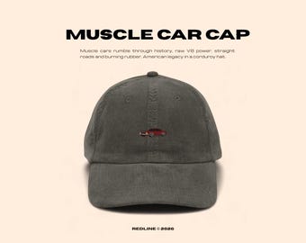 Embroidered  Muscle Car Hat - Vintage Retro Car Cap - Classic Car Gift - Minimalist Corduroy Hat - REDLINE
