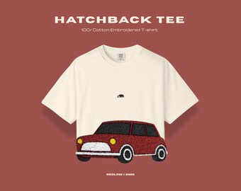 Embroidered Hatchback T-Shirt - Vintage Retro Car Tee - Classic Car Gift - Minimalist Car Shirt - Icon Only - REDLINE