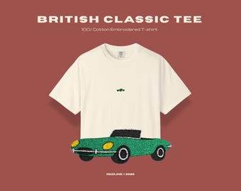 Embroidered British Classic Car T-Shirt - Vintage Retro Car Tee - Classic Car Gift - Minimalist Car Shirt - Icon Only - REDLINE
