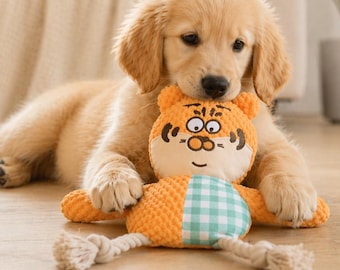 Juguete masticable para perros con forma de tigre, hecho a mano y con sonido / Juguete para perros con cuerda para tirar de 35 x 28 cm / Peluche para perros resistente a las mordeduras, hecho a mano / Juguete interactivo para cachorros para aliviar el aburrimiento