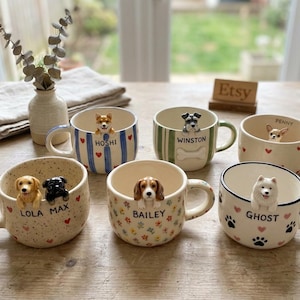 Puede incluir: Seis tazas de cerámica con diseños pintados a mano y pequeñas figuras de perros en 3D sobre el borde. Cada taza está personalizada con nombres como Hoshi, Winston, Penny, Lola, Max, Bailey y Ghost, junto a patrones de rayas, corazones, huellas y flores.