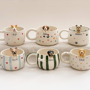 Personalisierter Hundebecher | Kaffeetasse mit Haustierporträt und Keramikfigur | Geschenk für Hundebesitzerinnen
