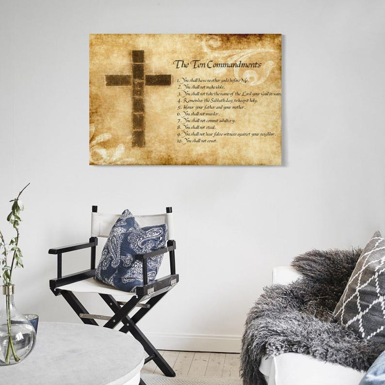 Ten Commandments Cross Christian Religion Quotes Wall Art Canvas Print ...