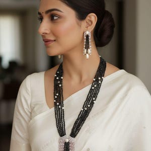 Handmade Black Onyx Pearl Layered Necklace Set: Victorian Rani Haar Statement Jewelry