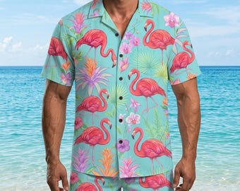 Unisex Flamingo Hawaiian Shirt Men Women Tropical Floral Button Down Short Sleeve Beach Wear Summer Vacation Party Gift Aloha Party Shirt
