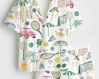 Watercolor Tennis Bachelorette Satin Pajamas, Country Club Aesthetic PJs, Pickleball Party Sleepwear, Tennis Bride Gift, Silky Lounge Set