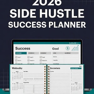 Puede incluir: Un planificador de éxito Side Hustle 2026, con una interfaz digital y un cuaderno de espiral. El planificador incluye secciones para el seguimiento del éxito, los objetivos y los ingresos, con un diseño de calendario para julio. Se muestra el texto "2026 SIDE HUSTLE SUCCESS PLANNER".