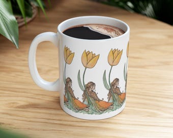 Taza de cerámica con diseño de hada tulipán en acuarela / Taza de café floral caprichosa