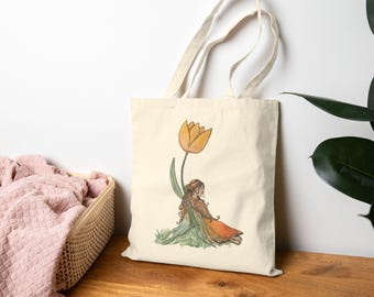 Watercolor Fairy Tote Bag, Hand Drawn Tulip Art, Whimsical Nature Illustration Canvas Bag