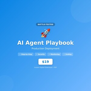 May include: An advertisement for a digital product on a blue background. The text reads "AI Agent Playbook" with the subtitle "Production Deployment." A cartoon rocket ship graphic is at the top. The ad includes the price and bullet points for features.