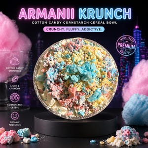Könnte beinhalten: Eine Schüssel mit bunten Zuckerwatte-Maisstärke-Cerealien mit dem Text "ARMANII KRUNCH". Das Müsli ist eine Mischung aus blauen, gelben und rosa Stücken. Das Bild enthält auch Zuckerwatte und die Worte "Crunchy. Fluffy. Addictive."