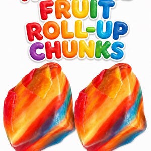 May include: Two brightly coloured fruit roll-up chunks with rainbow stripes. The text "TROPICAL FRUIT ROLL-UP CHUNKS" is displayed in large, multi-coloured bubble letters above the candy. The background is plain white.