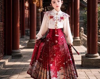 Girls Hanfu Set red white embroidered, floral ancient style dress, festival hanfu kid
